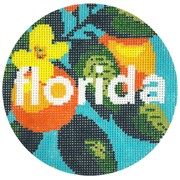 50 States Round Florida FL Painted Canvas Lucky Lotus Needlepoint - 1