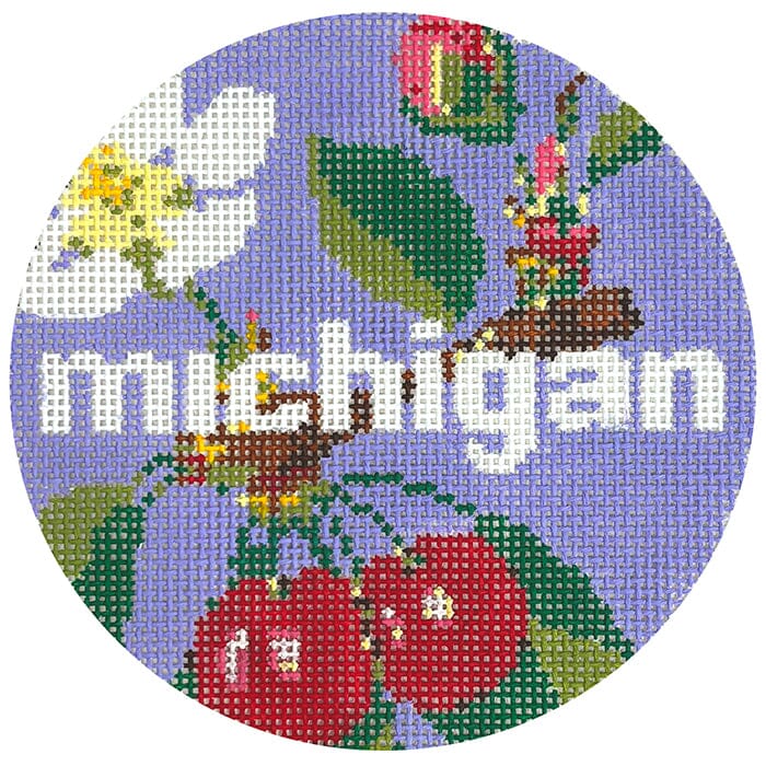 50 States Round Michigan MI Painted Canvas Lucky Lotus Needlepoint - 1