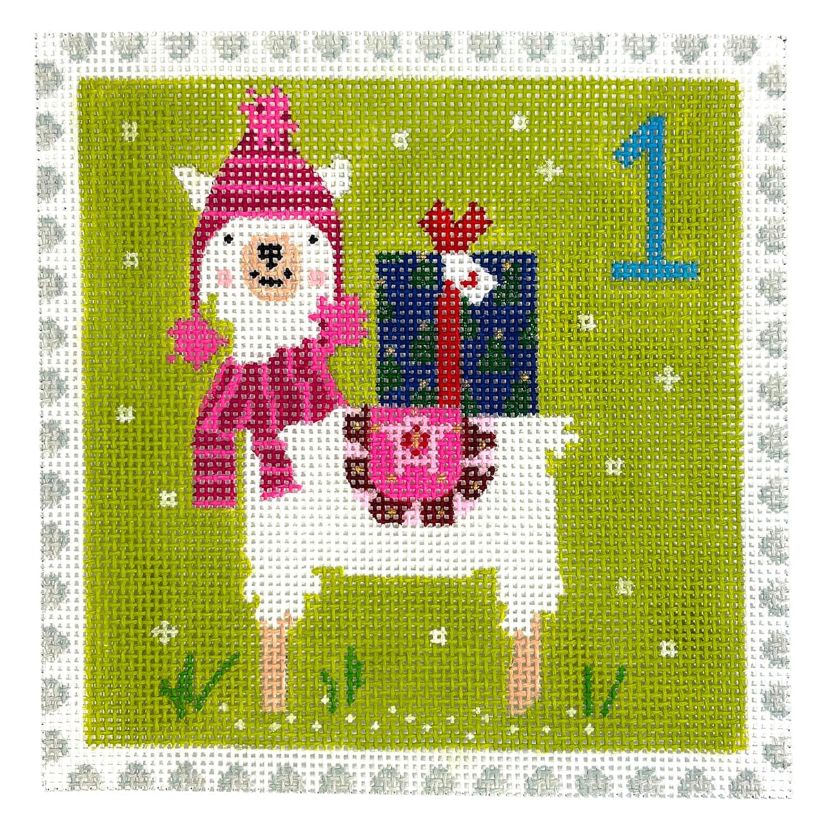 Advent Stamp #1 Llama w/ Gift Painted Canvas Kate Dickerson Needlepoint Collections - 1
