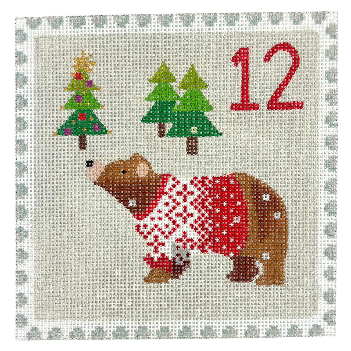 Advent Stamp #12 Bear in Sweater Painted Canvas Kate Dickerson Needlepoint Collections - 1