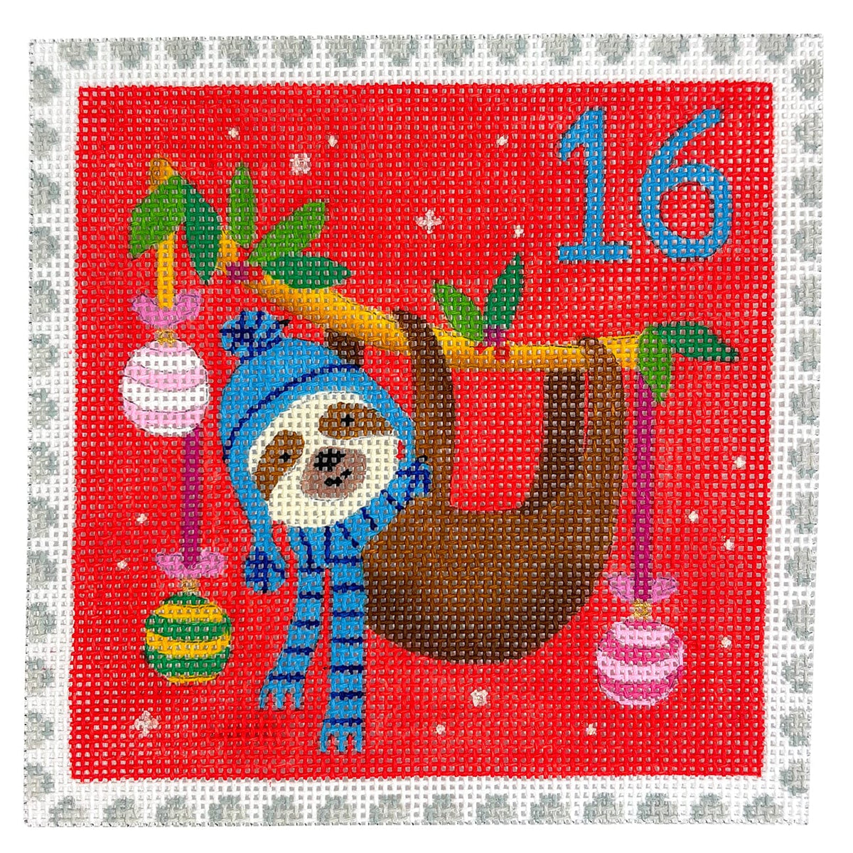 Advent Stamp #16 Sloth w/ Ornaments Painted Canvas Kate Dickerson Needlepoint Collections - 1