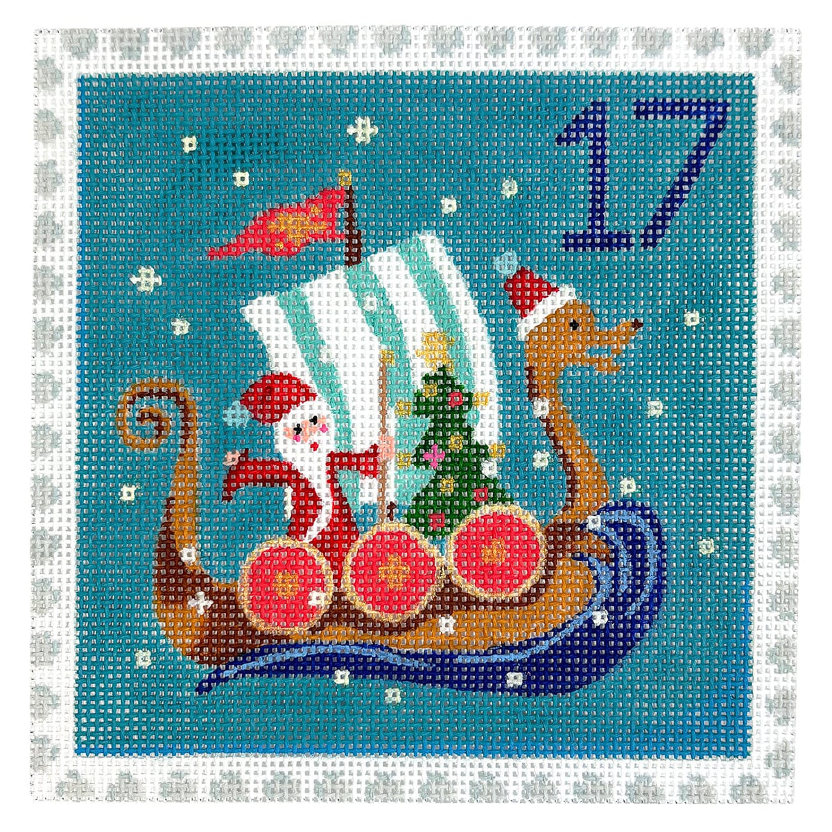 Advent Stamp #17 Santa in Dragon Boat Painted Canvas Kate Dickerson Needlepoint Collections - 1