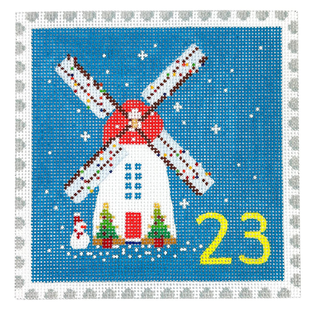 Advent Stamp #23 Windmill w/ Snowman Painted Canvas Kate Dickerson Needlepoint Collections - 1