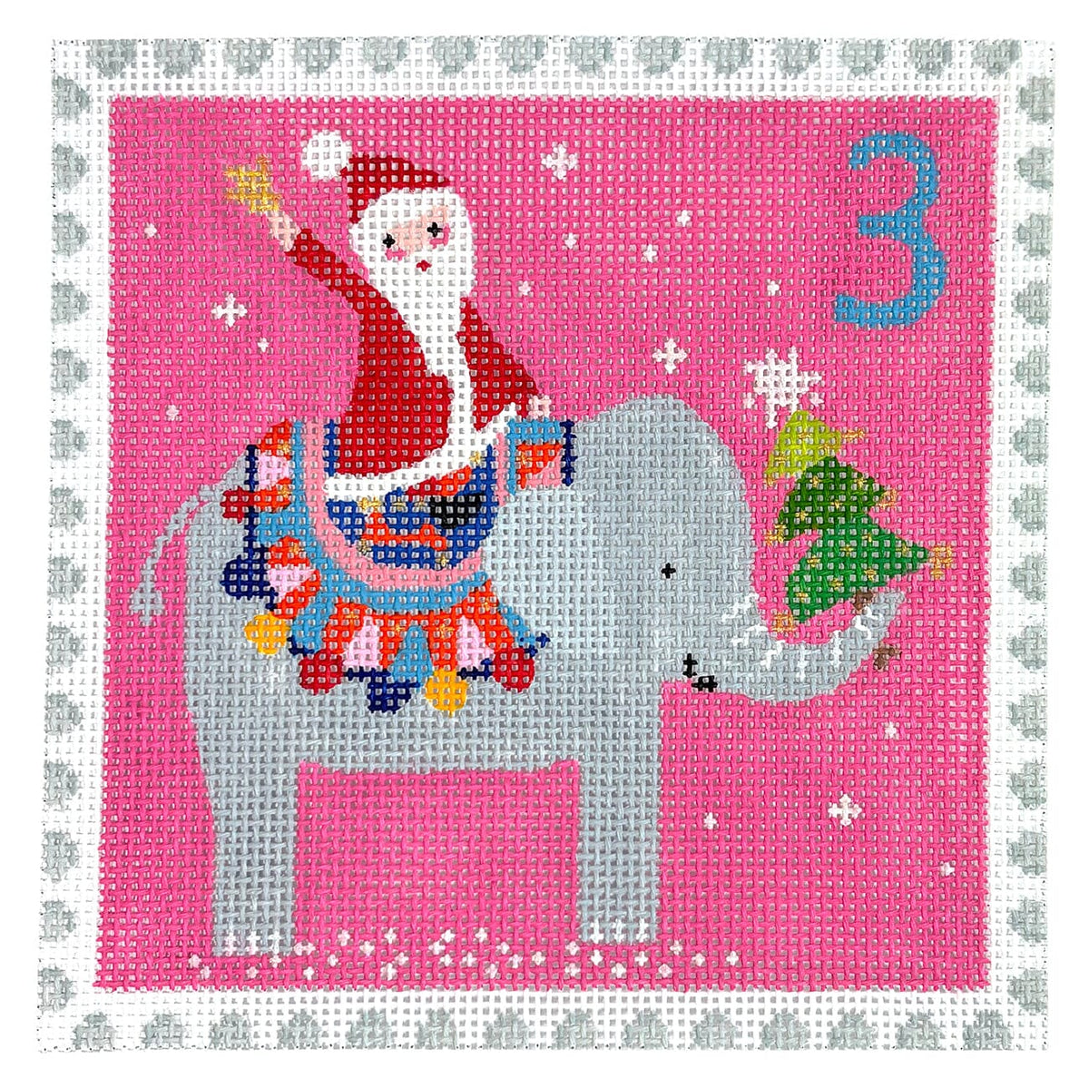 Advent Stamp #3 Santa on Elephant Painted Canvas Kate Dickerson Needlepoint Collections - 1