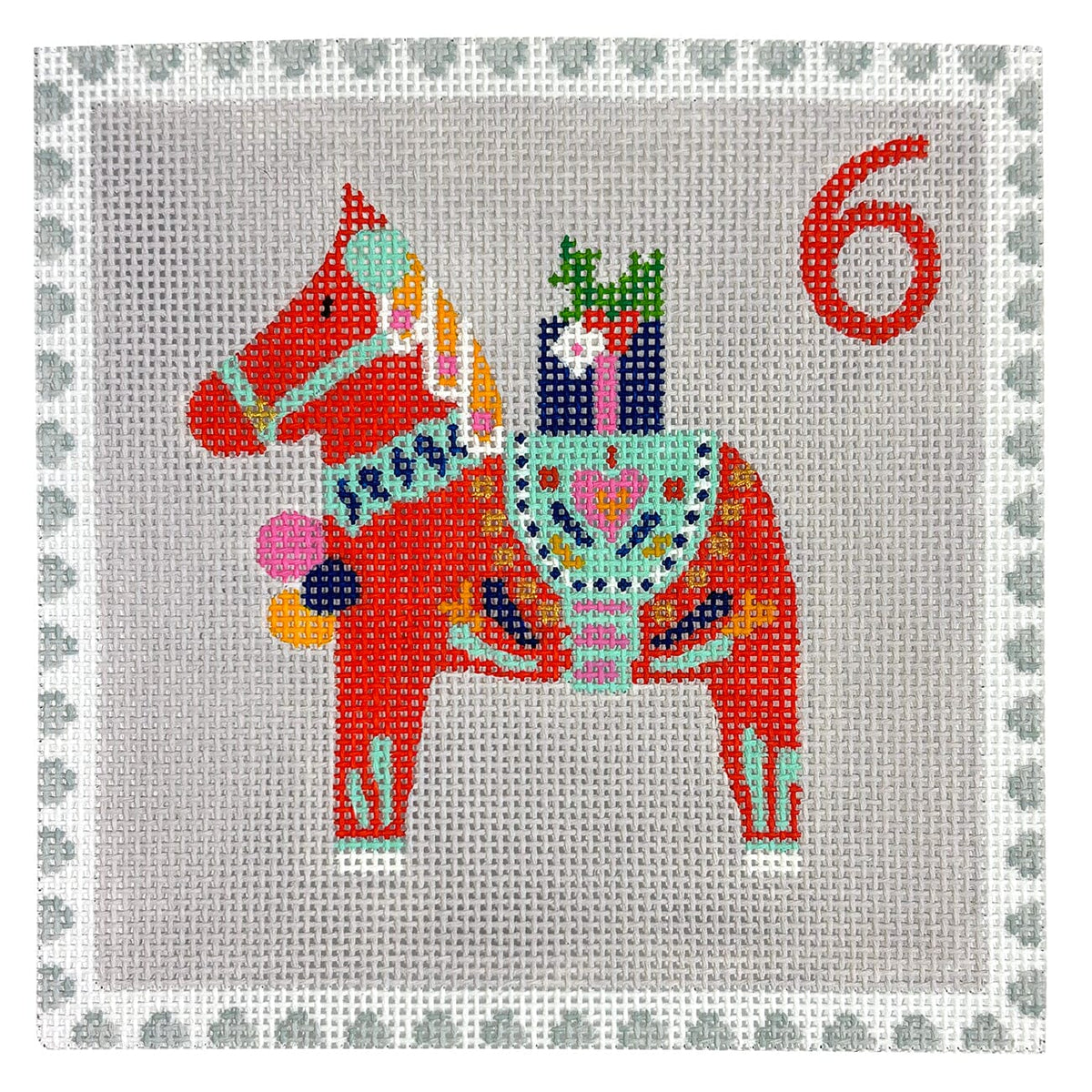 Advent Stamp #6 Dala Horse w/ Gift Painted Canvas Kate Dickerson Needlepoint Collections - 1