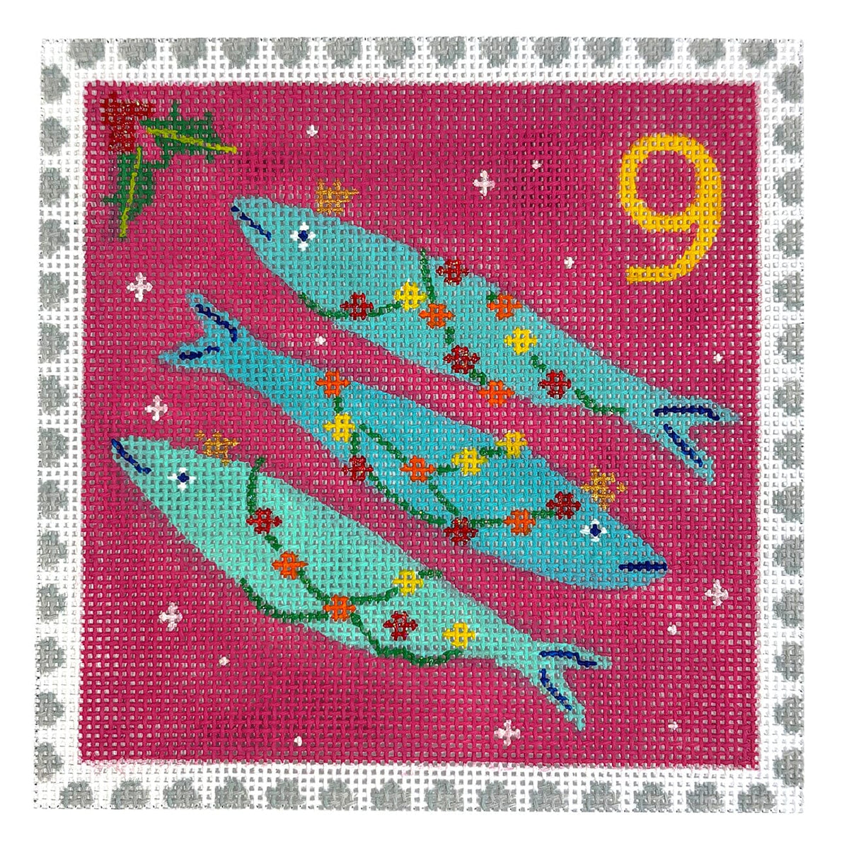 Advent Stamp #9 Three Fishes Painted Canvas Kate Dickerson Needlepoint Collections - 1