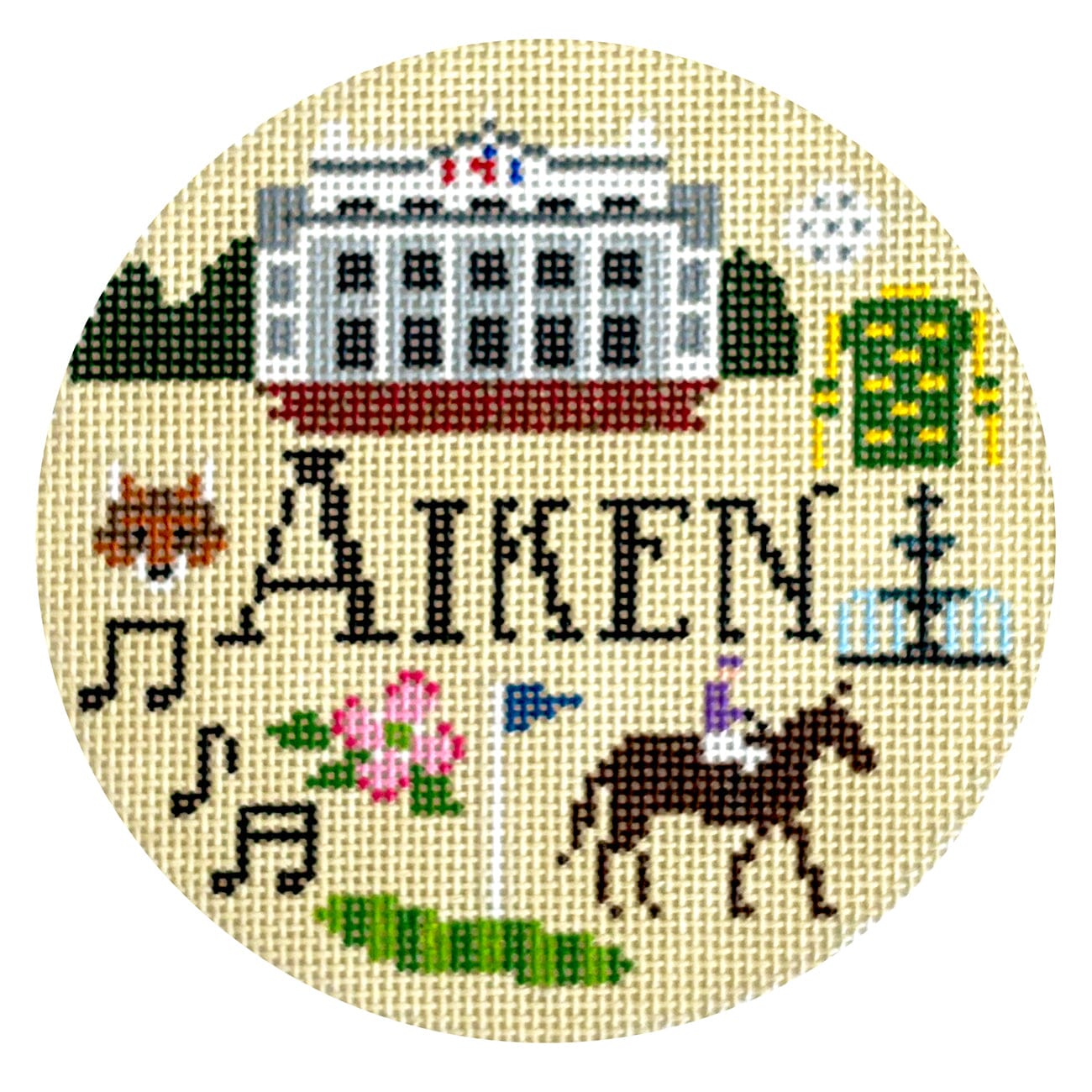 Aiken SC Round Painted Canvas NeedlePoint Cottage - 1