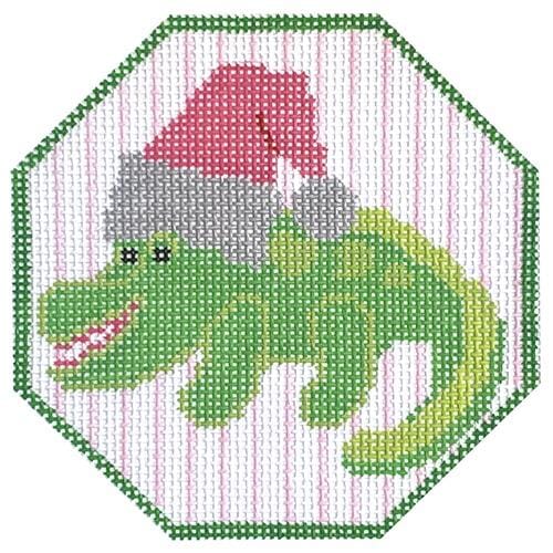 Alligator with Santa Hat Octagon Printed Canvas Two Sisters Needlepoint 