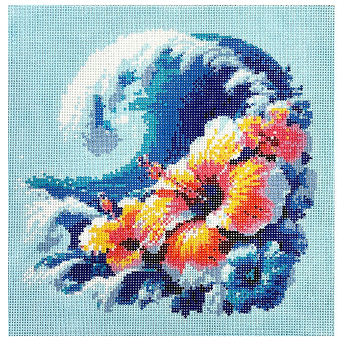 Aloha Hibiscus Wave 10x10 Painted Canvas Lucky Lotus Needlepoint - 1