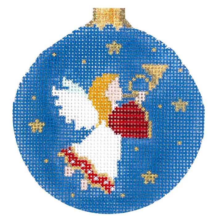 Angel with Horn, 3.25" Round Painted Canvas Susan Roberts Needlepoint Designs Inc. - 1