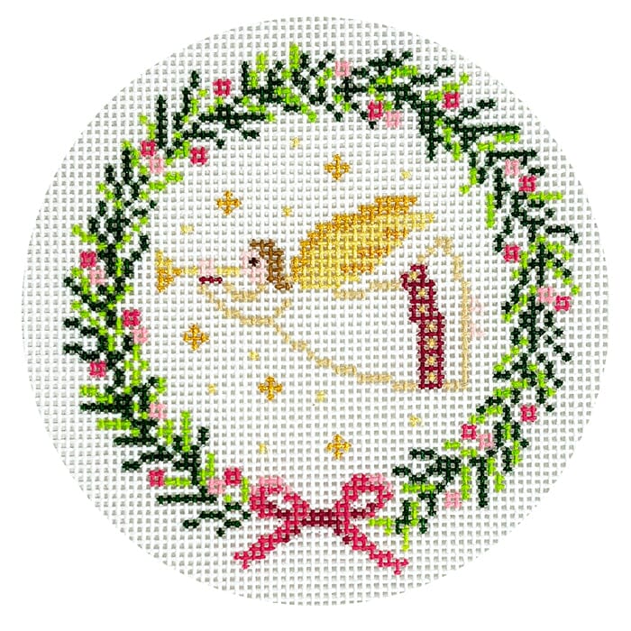 Angel with Horn Wreath Round Painted Canvas Lauren Bloch Designs