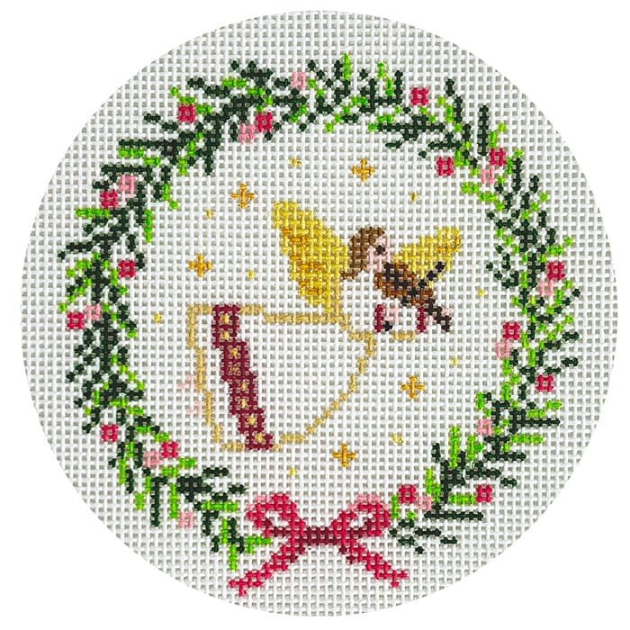 Angel with Violin Wreath Round Painted Canvas Lauren Bloch Designs - 1