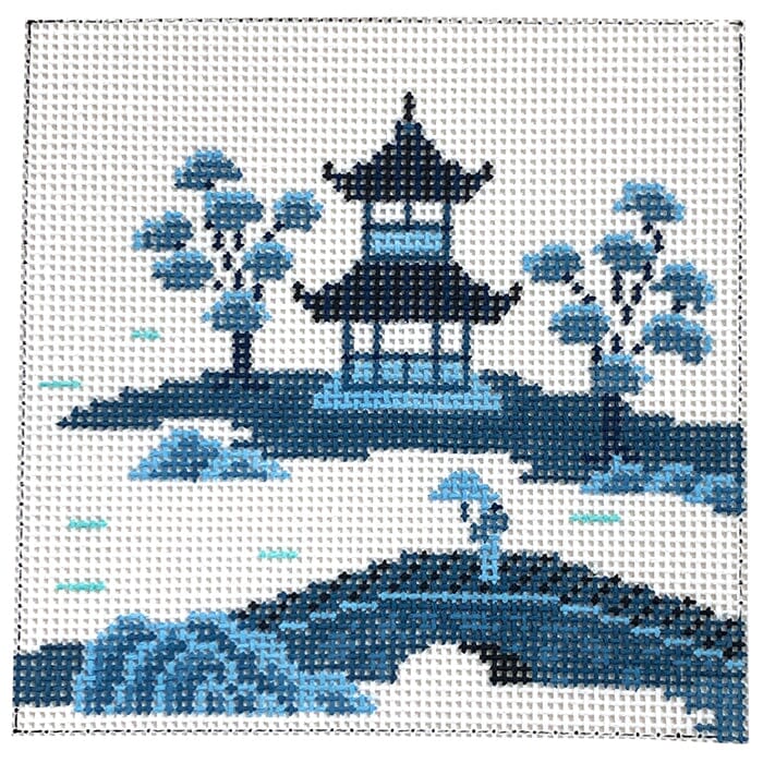 Asian Islands, Bridge, Blue, 4" X 4" Painted Canvas Susan Roberts Needlepoint Designs Inc.