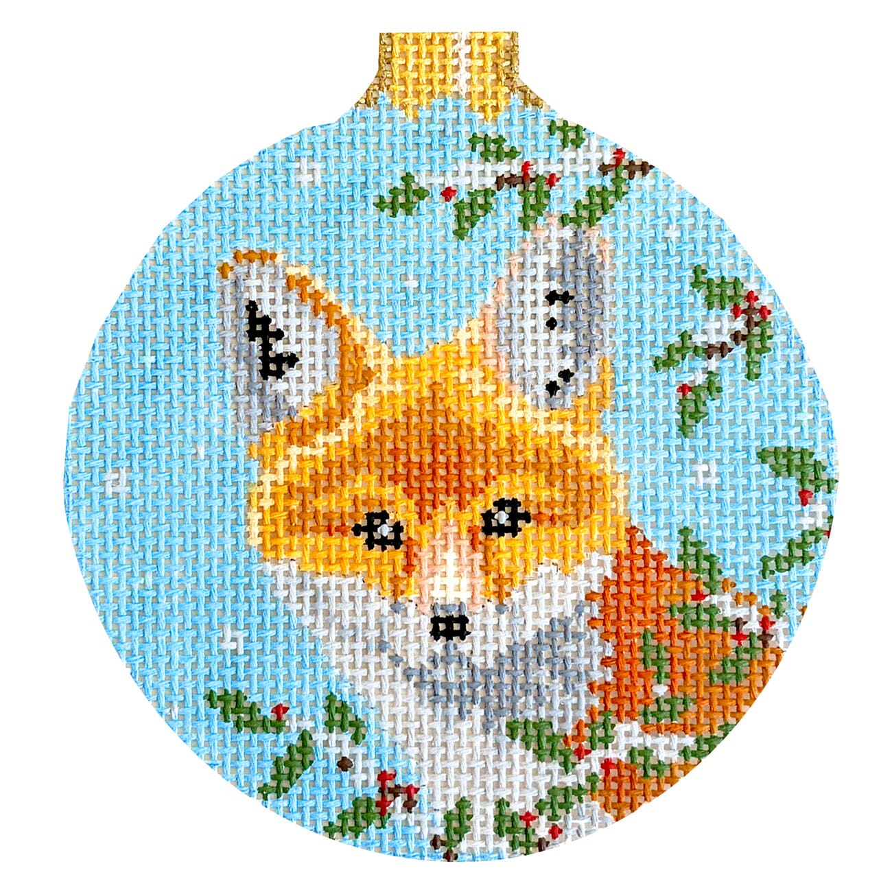 Baby Fox in Holly, 4.5" Round on 13 Painted Canvas Susan Roberts Needlepoint Designs Inc. - 1