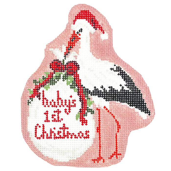 Baby's First Christmas Pink Stork Painted Canvas KCN Designers - 1