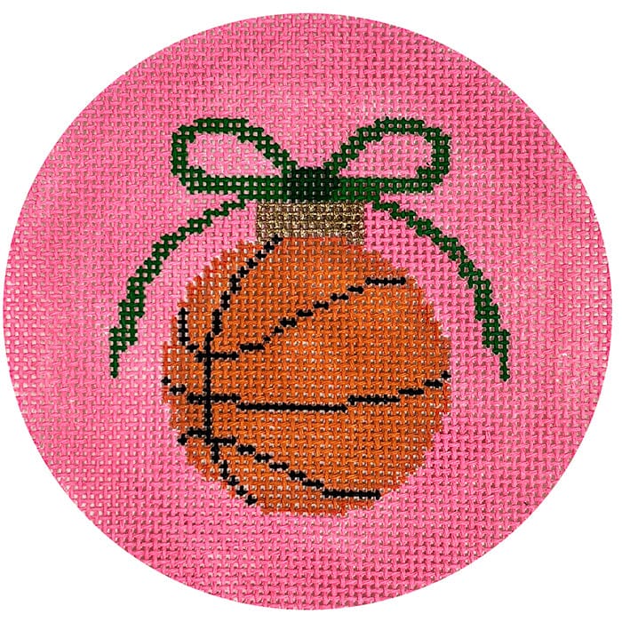 Basketball with Green Bow on Pink Round Painted Canvas Kristine Kingston