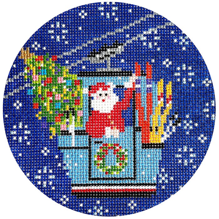 Blizzard Gondola Santa Round Painted Canvas Wipstitch Needleworks - 1