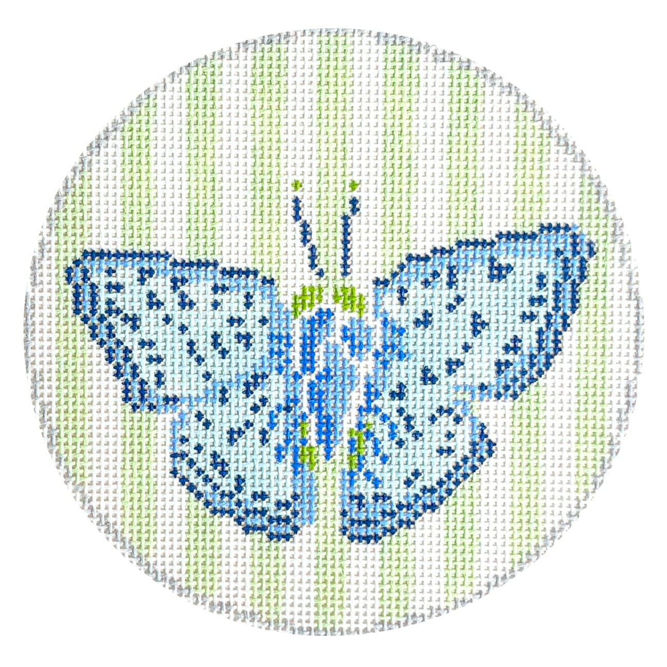 Blue Butterfly on Lime Stripes Round Painted Canvas Camilla Moss - 1