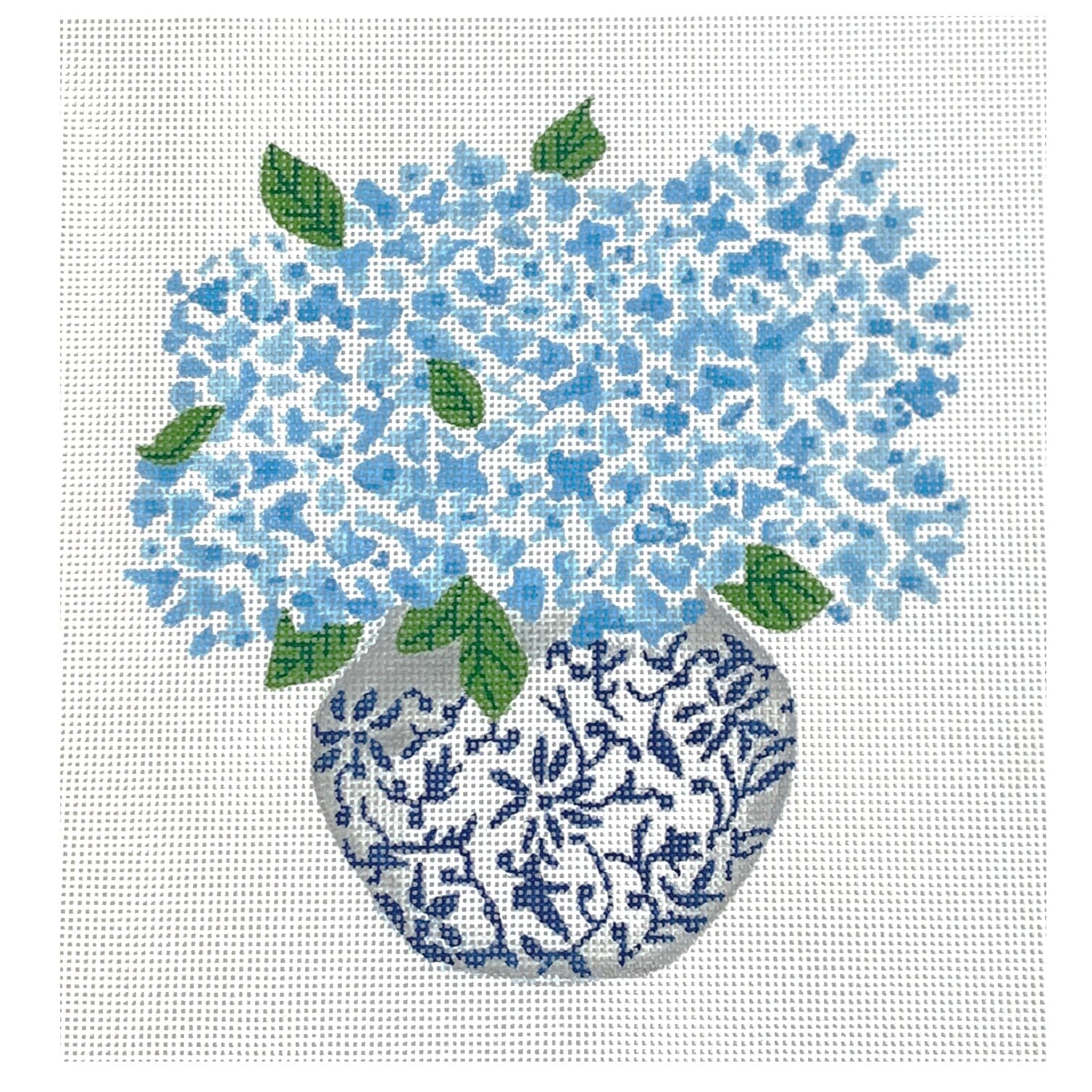 Blue Chinoiserie Pot with Blue Hydrangeas Painted Canvas Kate Dickerson Needlepoint Collections - 1
