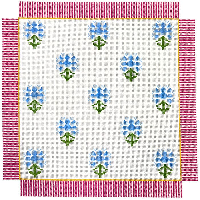 Blue Floral Block Print Square Painted Canvas Anne Fisher Needlepoint LLC - 1