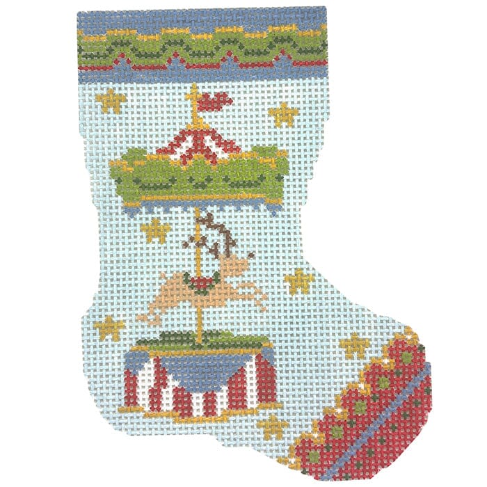 Blue Reindeer Carousel Mini Stocking Painted Canvas Atlantic Blue Canvas - 1