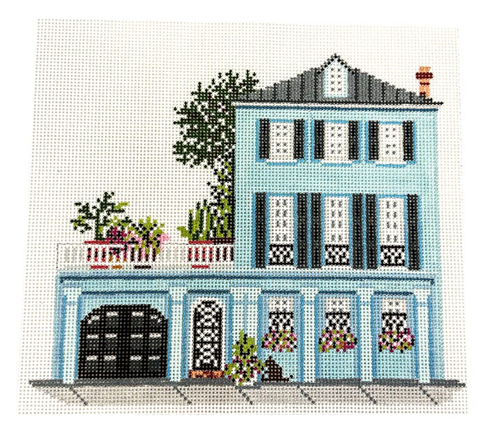 Blue Row Charleston House on 13 Painted Canvas Needle Crossings