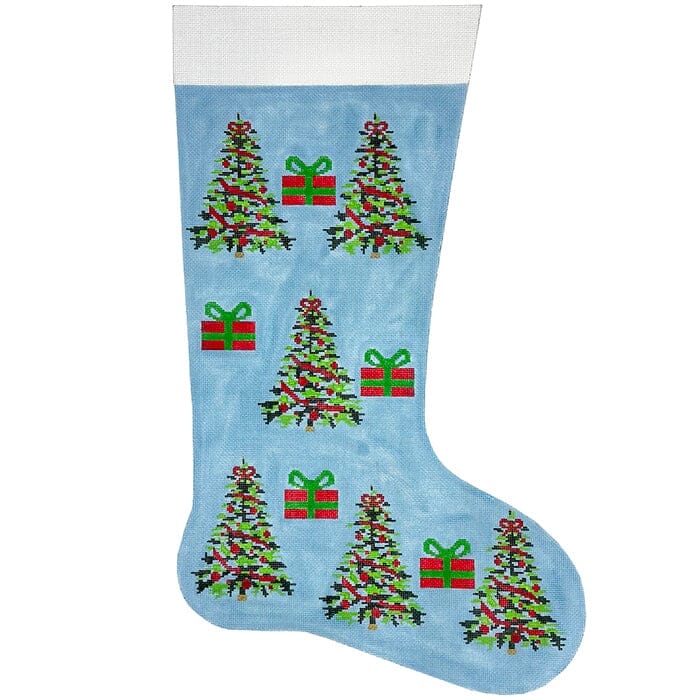 Blue w/ Christmas Trees & Gifts Stocking Painted Canvas Alice Peterson Company - 1