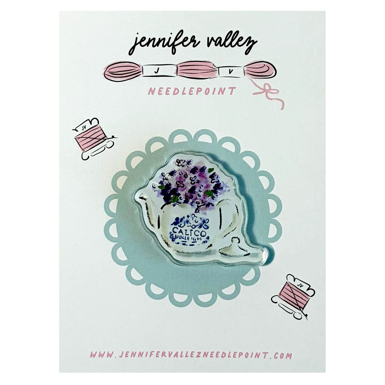 Calico Teapot Acrylic Needle Minder Accessories Jennifer Vallez Needlepoint - 1