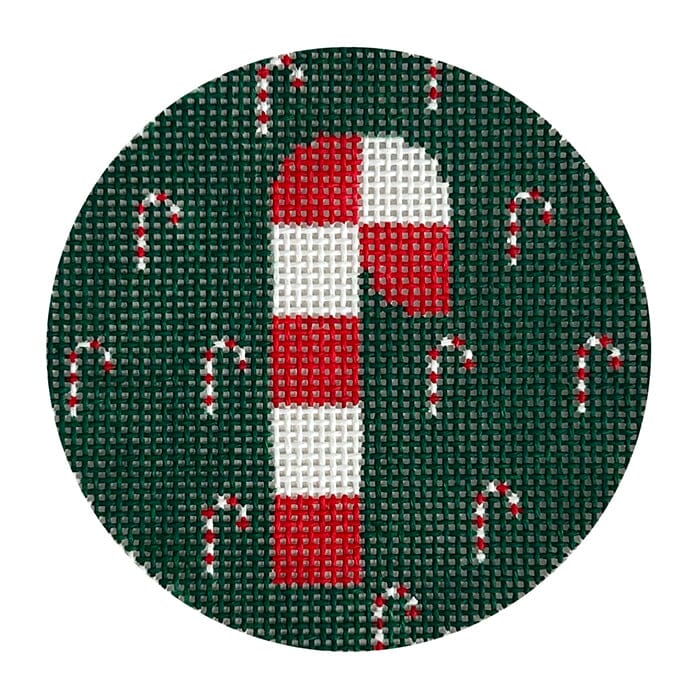 Candy Cane on Dark Green Round Painted Canvas Love MHB Studio - 1