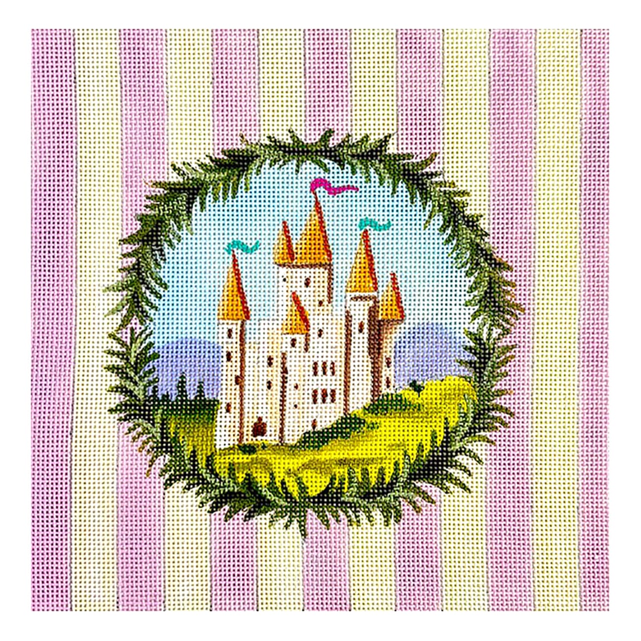 Castle in Wreath on Stripes, Fairytale Painted Canvas Colors of Praise - 1