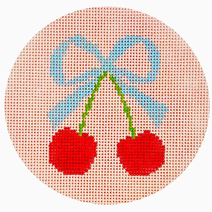 Cherries with Bow 4" Round Painted Canvas Walker's Needlepoint - 1