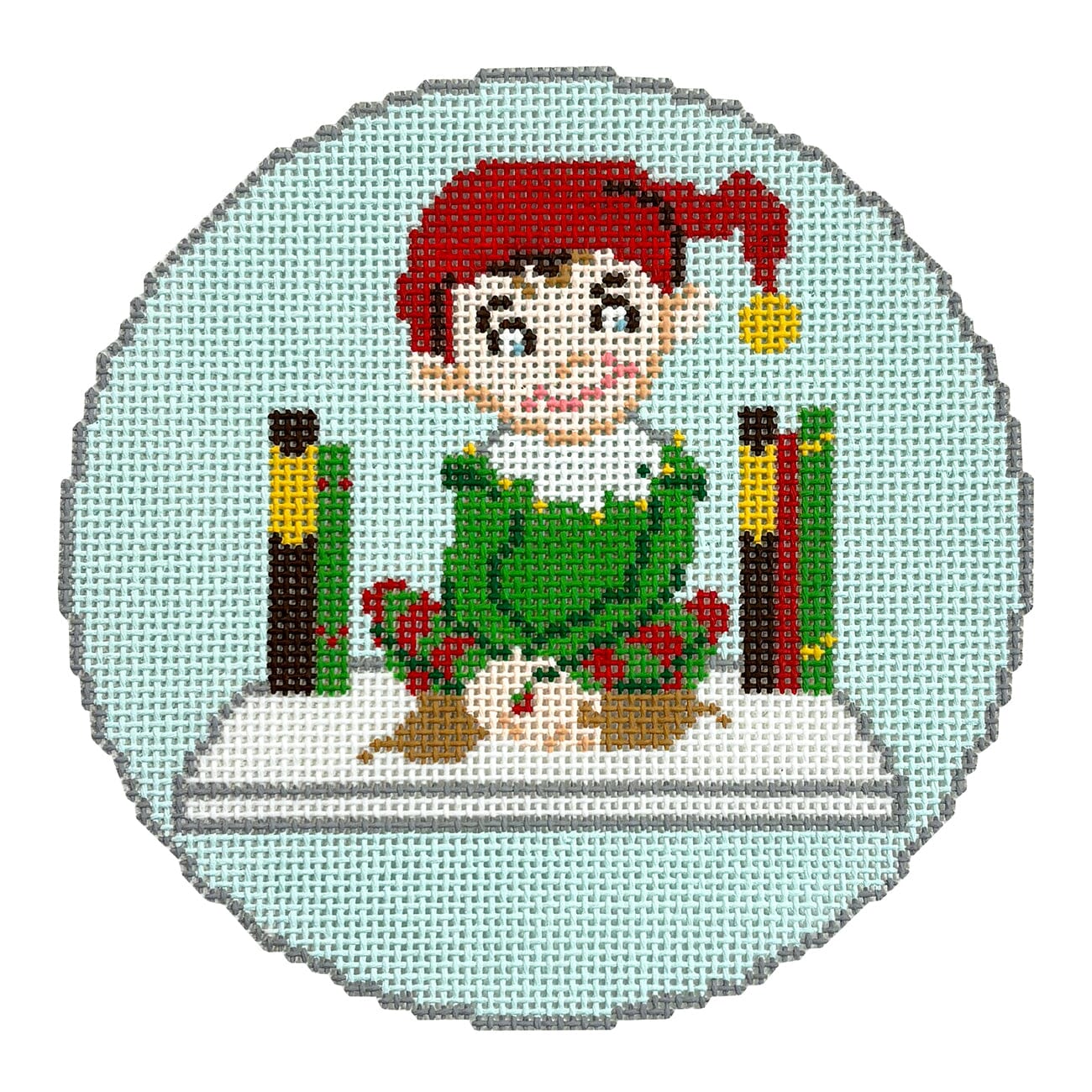 Christmas Elf Boy Round Painted Canvas Atlantic Blue Canvas - 1