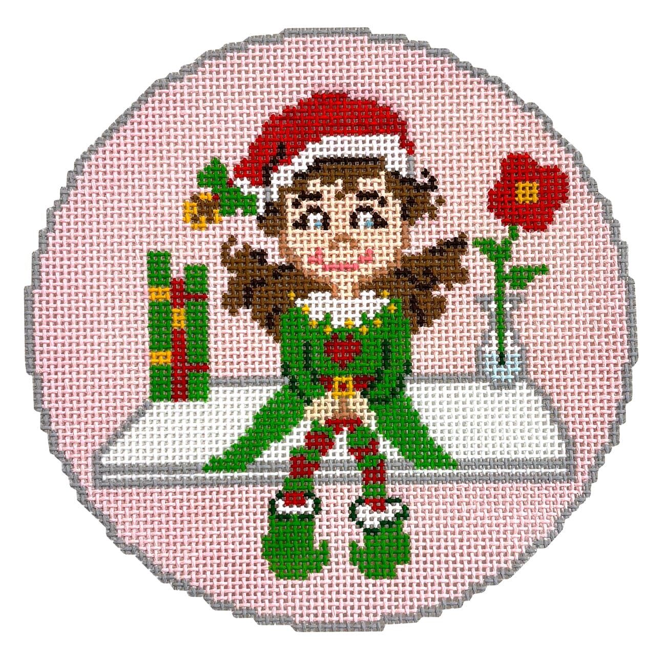 Christmas Elf Girl Round Painted Canvas Atlantic Blue Canvas - 1