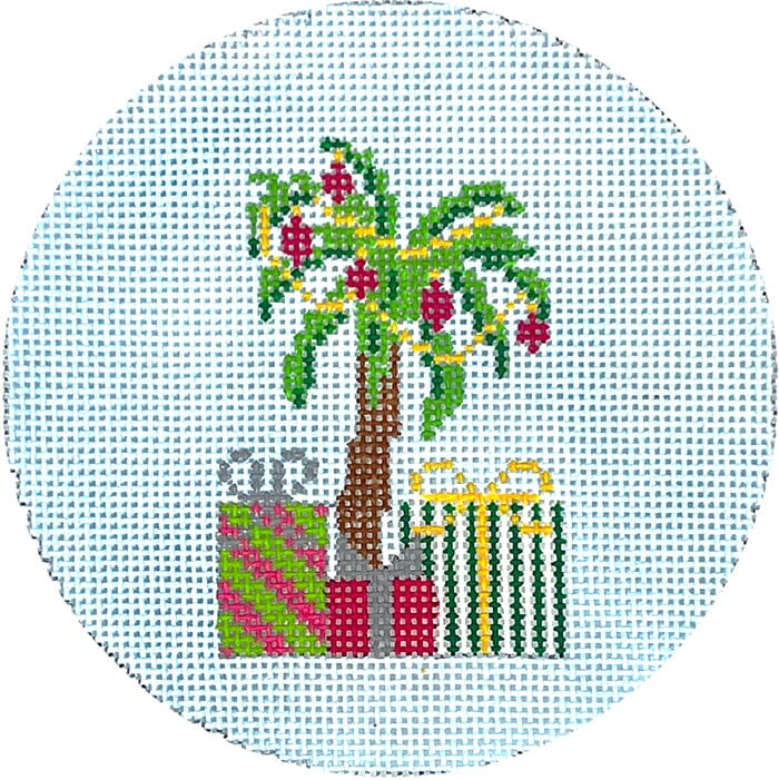 Christmas Palm Tree on Blue Ornament Painted Canvas Kristine Kingston