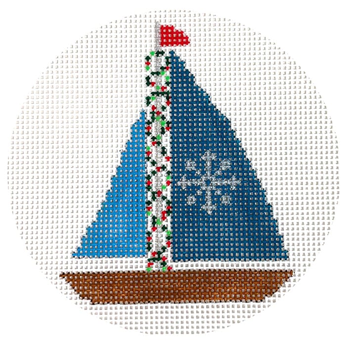 Christmas Sailboat Round Painted Canvas Vallerie Needlepoint Gallery - 1