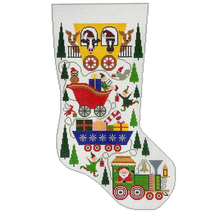 Christmas Train Xmas Stocking Painted Canvas Doolittle Stitchery - 1