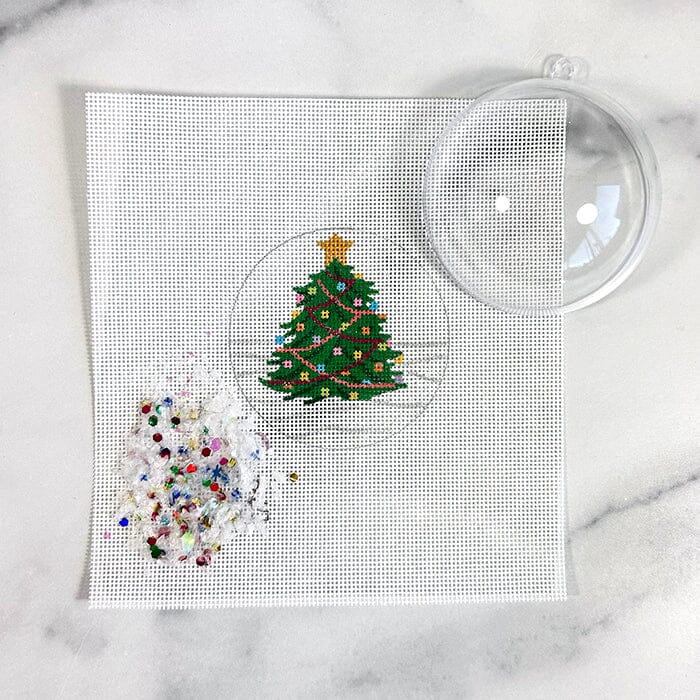 Christmas Tree Ornament with Clear Dome & Confetti Painted Canvas Kate Dickerson Needlepoint Collections