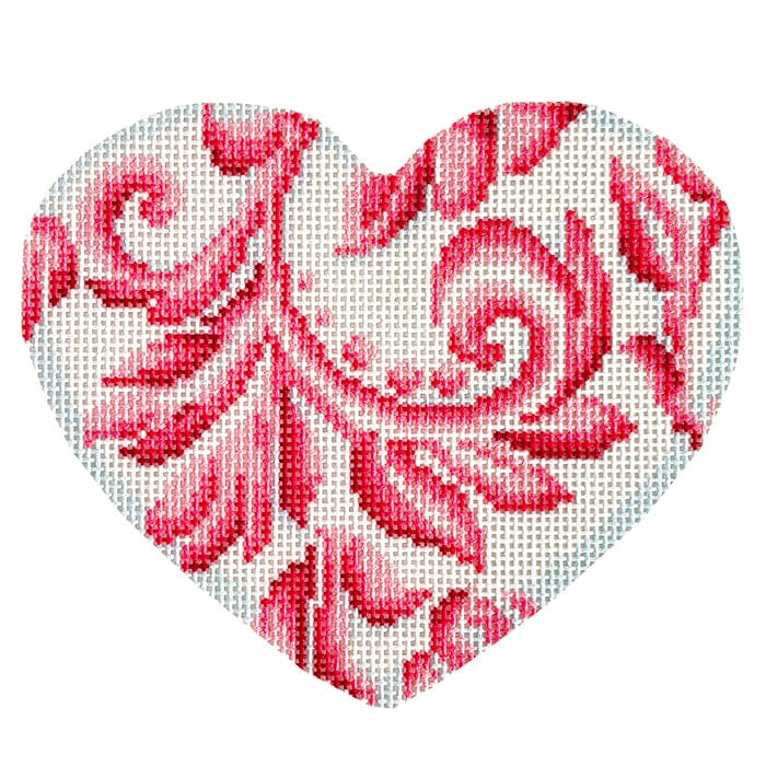 Damask Large Heart/Rose Printed Canvas Needlepoint To Go