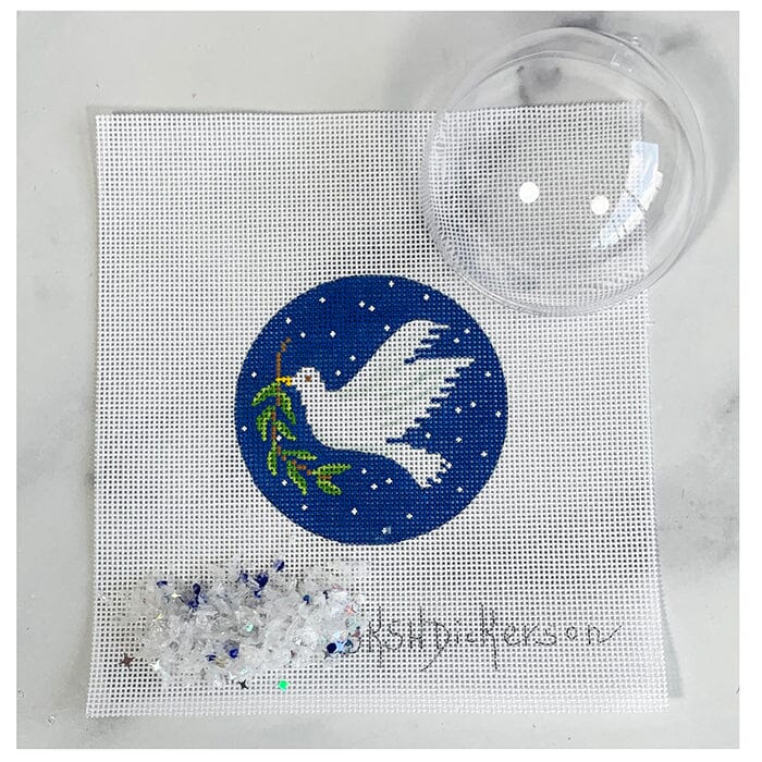 Dove & Olive Branch Ornament with Clear Dome & Confetti Painted Canvas Kate Dickerson Needlepoint Collections