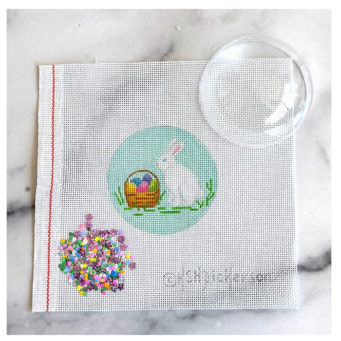 Easter Bunny & Basket 3" Round Clear Dome & Confetti Painted Canvas Kate Dickerson Needlepoint Collections - 1