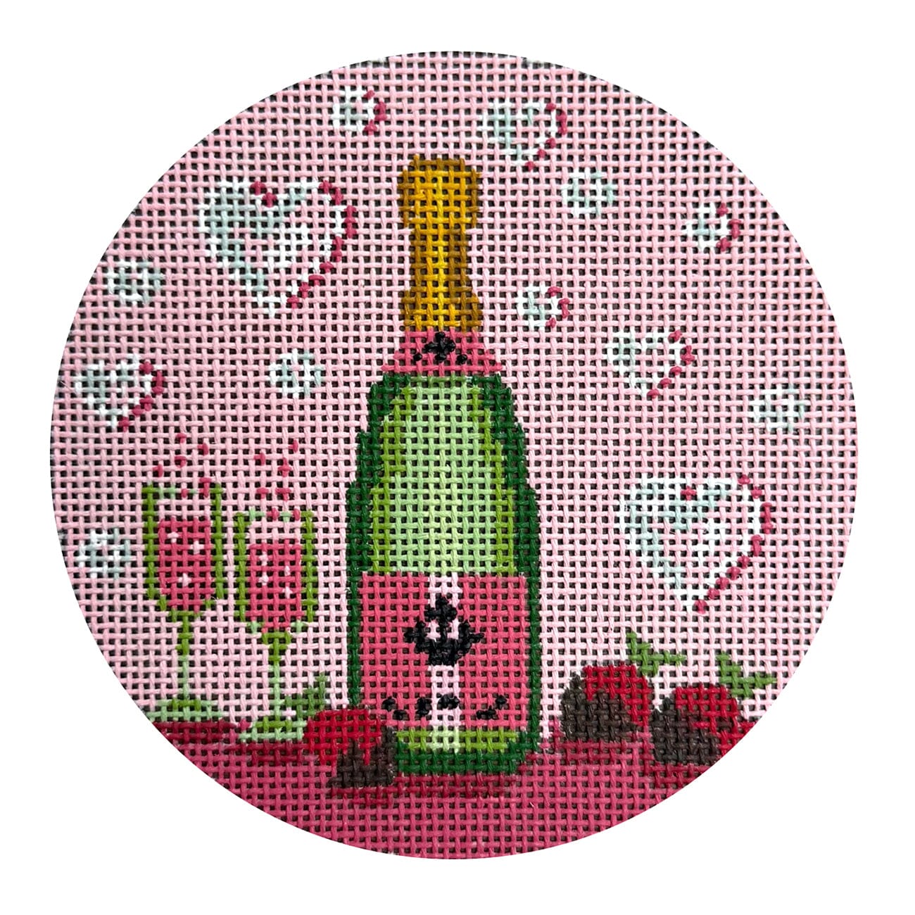 February Champagne Round w/ Stitch Guide Painted Canvas The Gingham Stitchery - 1