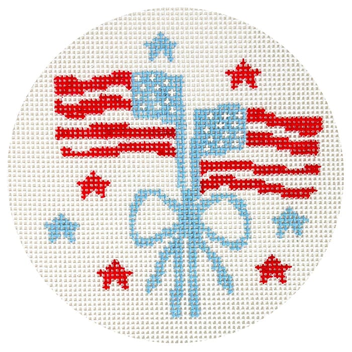 Flag with Bow 4" Round Painted Canvas Walker's Needlepoint - 1