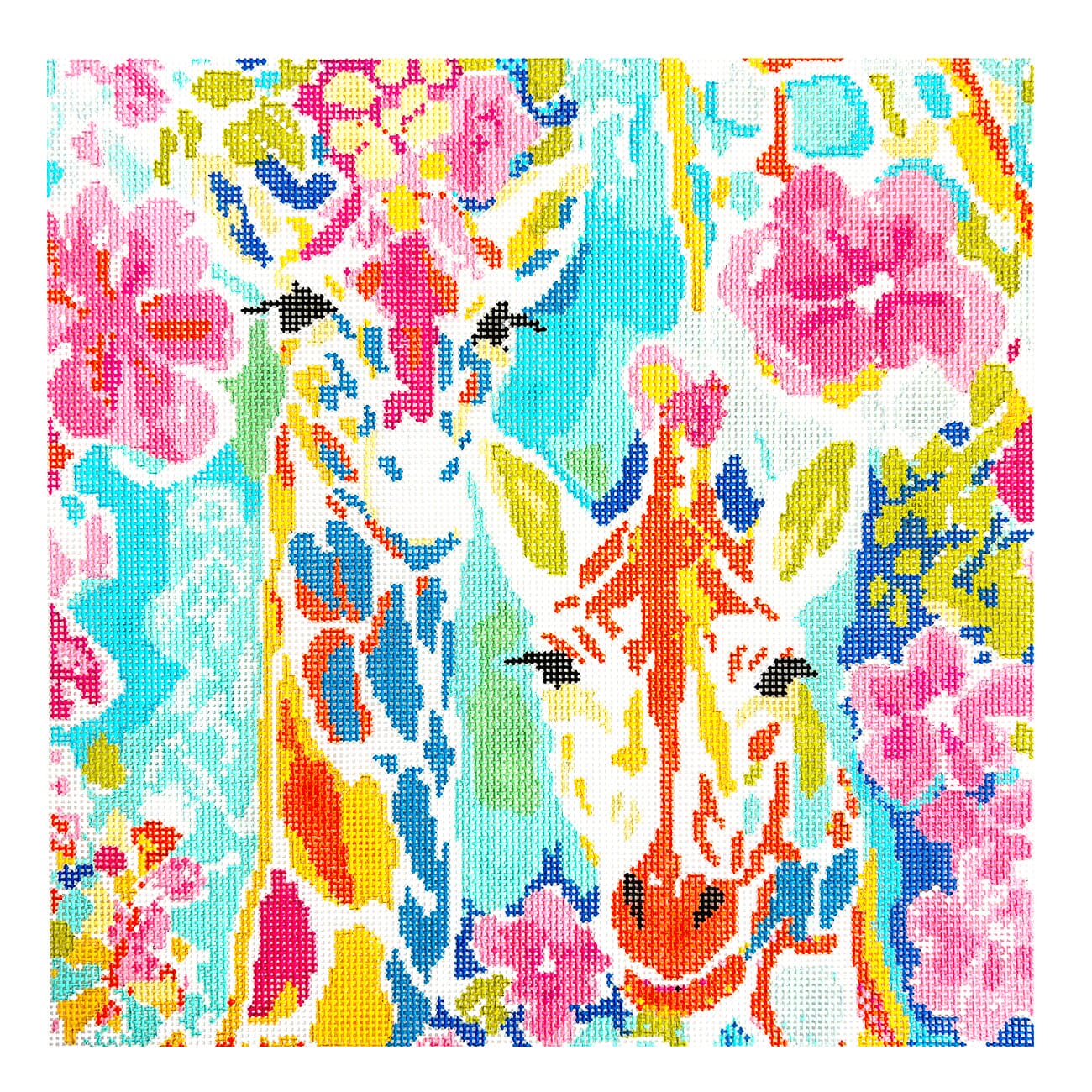 Floral Giraffes 12x12 Painted Canvas Blue Waters Needlepoint - 1