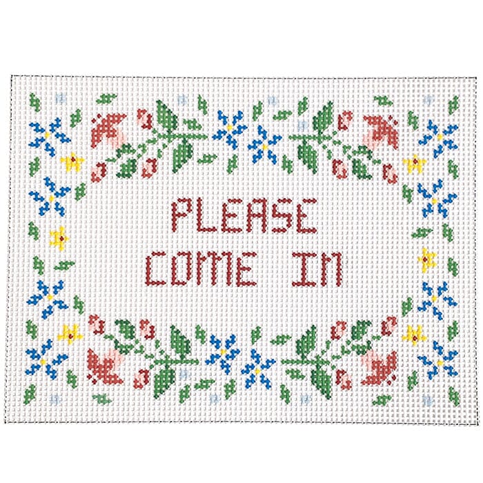 Floral ''Please Come In'' Sign Painted Canvas Susan Roberts Needlepoint Designs Inc.