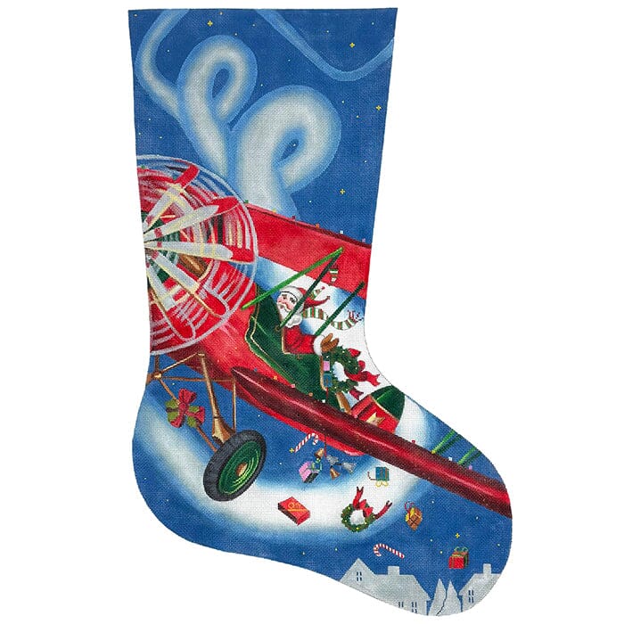 Flying High Pilot Santa Stocking on 18 TTR Painted Canvas Victoria Whitson Needlepoint - 1