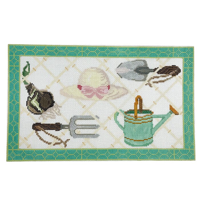 Garden Icons on Trellis Painted Canvas The Gingham Stitchery