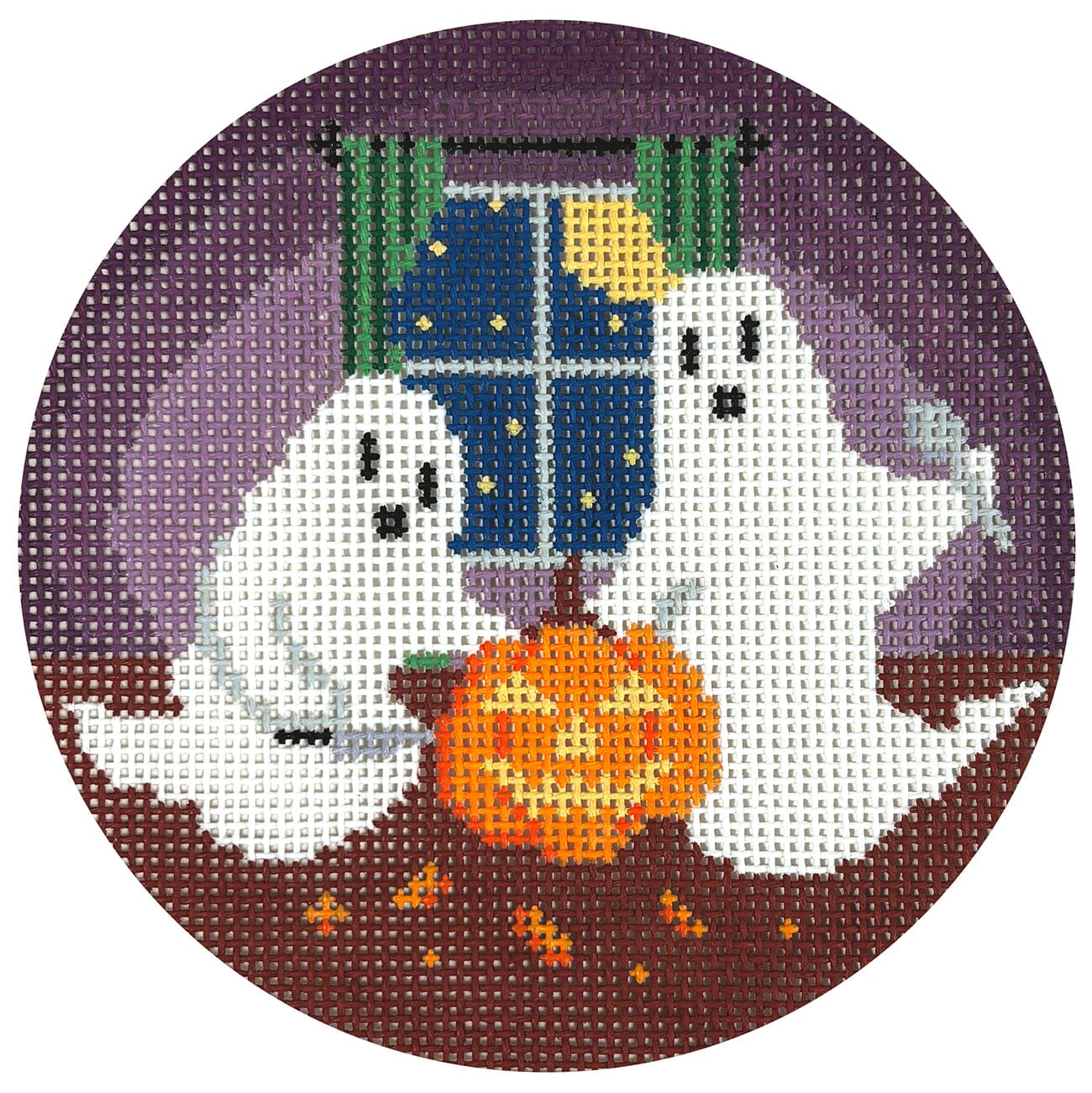 Ghosts Carving Pumpkins Round Painted Canvas The Gingham Stitchery - 1