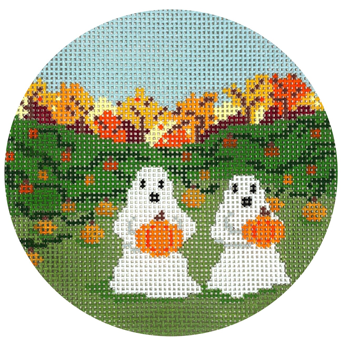 Ghosts Picking Pumpkins Round Painted Canvas The Gingham Stitchery - 1