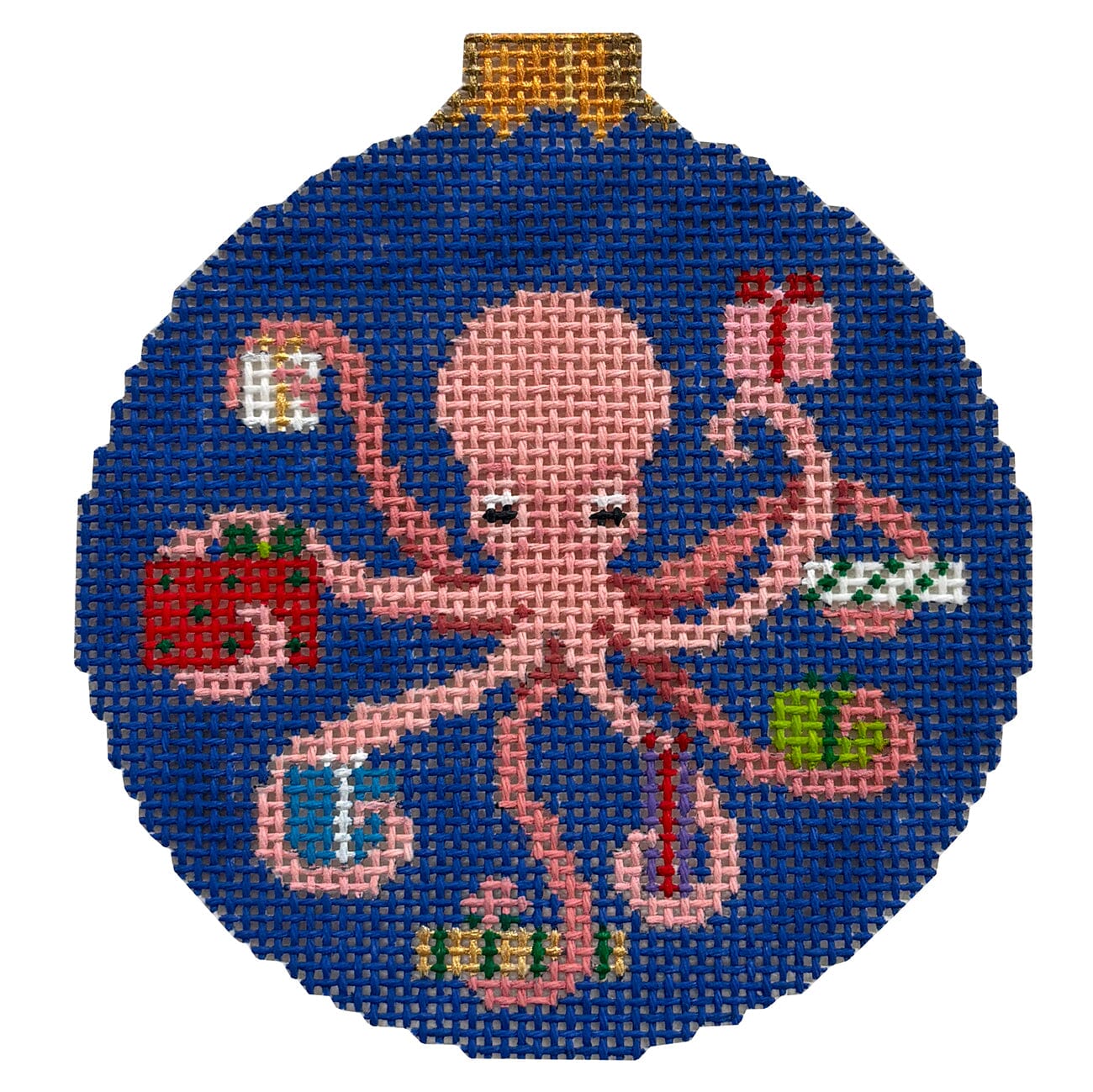 Gifting Octopus, 3.25" Round Painted Canvas Susan Roberts Needlepoint Designs Inc. - 1