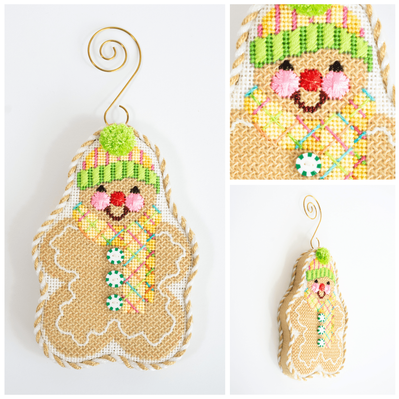 Gingerbread Friends Yellow Plaid Scarf with Stitch Guide Printed Canvas Two Sisters Needlepoint - 3
